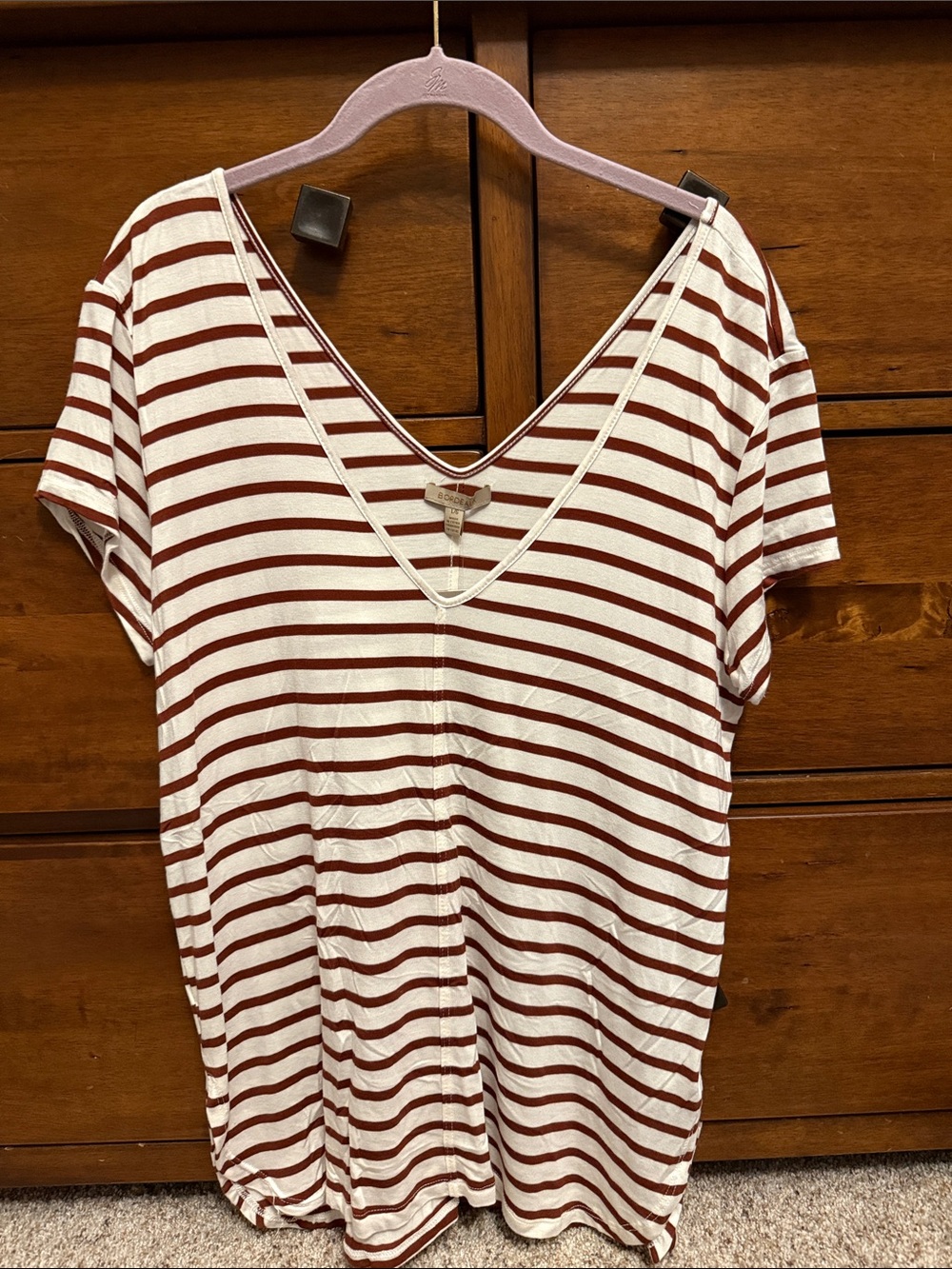 Bordeaux Cream & Brown Striped V-Neck Short Sleeve Tee